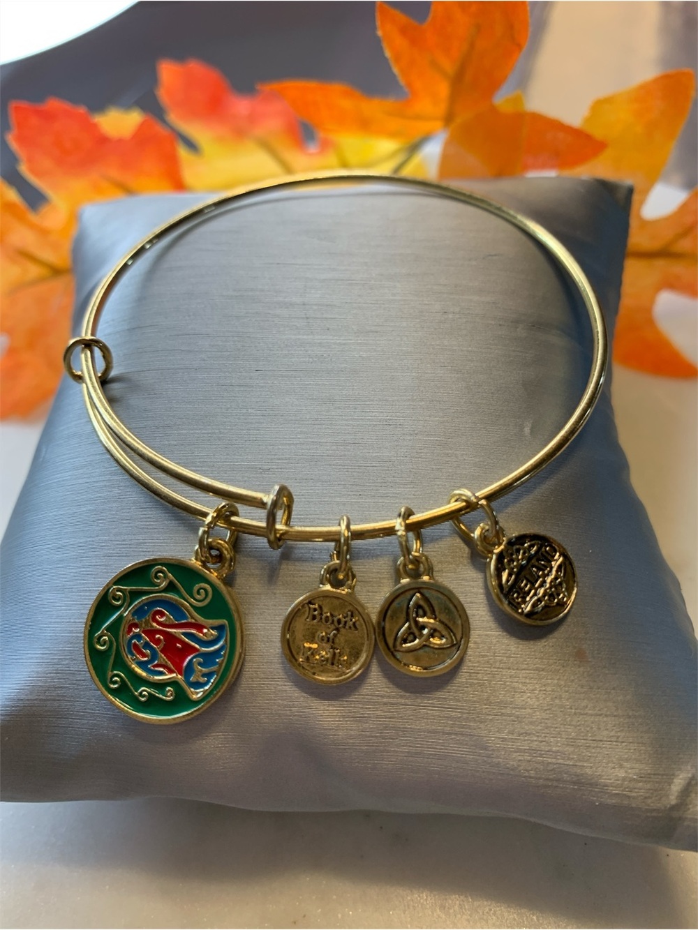 Gold-Tone Charm Bangle Bracelet with Green and Red Enamel Accent